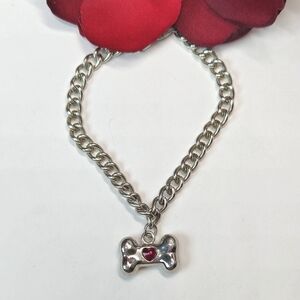 Adorable Silver Bone with Pink Heart Crystal Charm Chain Bracelet